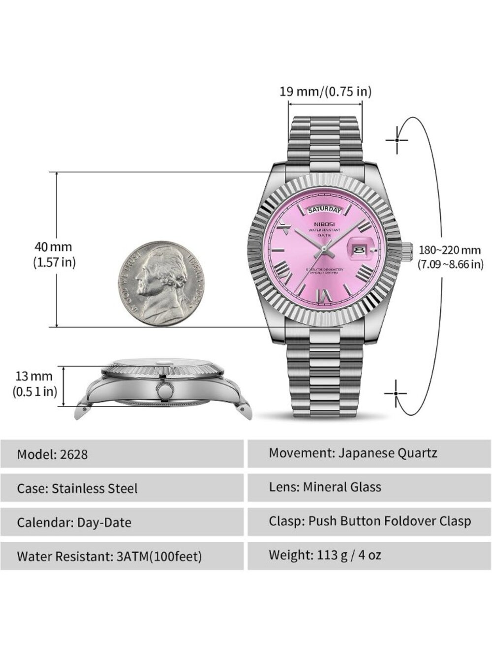 Nibosi Men's Silver Pink Analog Quartz Stainless Waterproof Desiger Wrist Watch - Picture 3 of 6